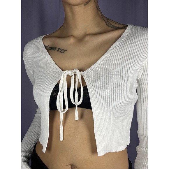 Cream Ribbed Knit Tie Front Cardigan Womens Size XS Off White Chic Minimalist - Picture 2 of 8